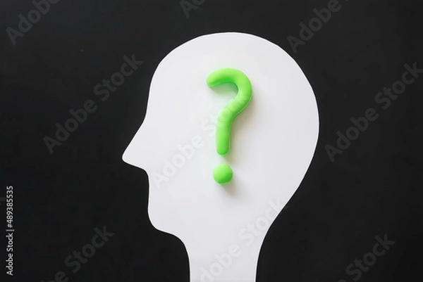 Fototapeta Outline of head with question mark inside human mind. Concept of innovation, curiosity, creativity or self doubt or hesitation.