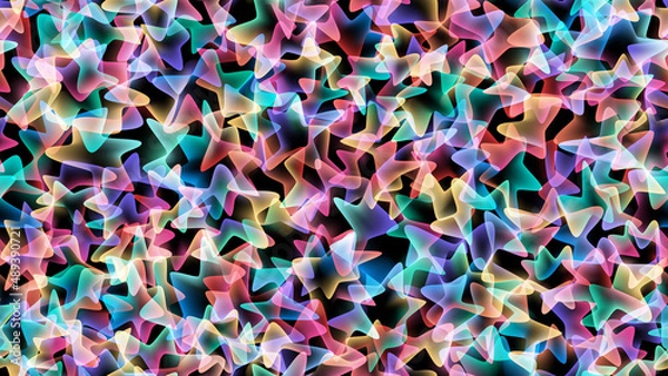 Fototapeta Abstract multicolored seamless pattern of overlapping transparent figures with illumination on a black background. Vector illustration.