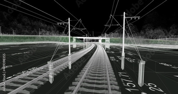 Fototapeta The BIM model of the railway infrastructure area of wireframe view