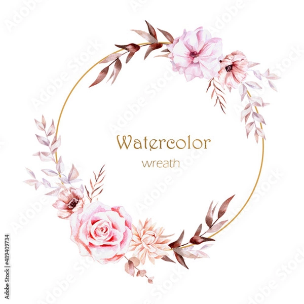 Obraz  Flower wreath. Watercolor floral frame. Botanical illustration. Frame made of plant elements. Boho style wedding decor
