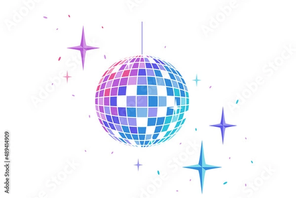 Fototapeta Mirror ball for disco, dance club, party. Bright colored rotating disco ball with glare of light on a white background. Vector illustration - eps10.