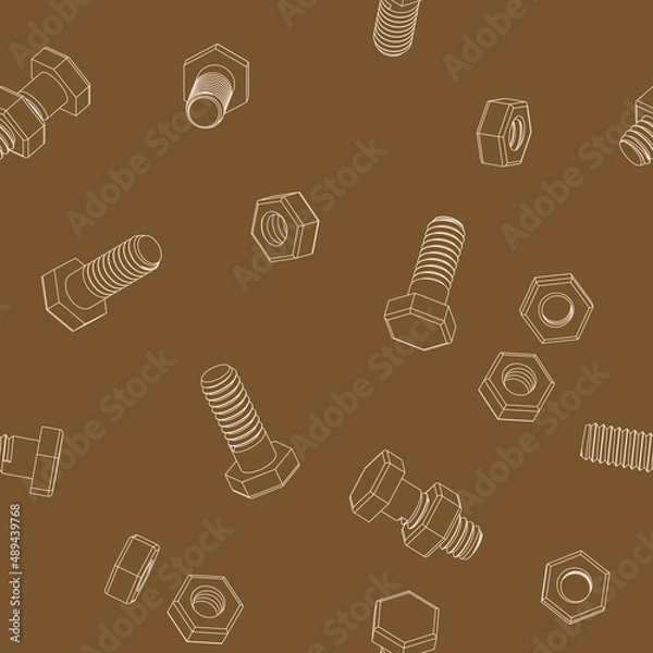 Fototapeta Seamless pattern with contour bolts and nuts on a brown background. Isometric 3D vector illustration. For repair service, technical support, tool shop or others.