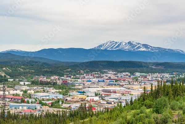 Fototapeta City of Whitehorse in Yukon Territory, capital city in Canada. During summer time with snow capped mountain in background. 