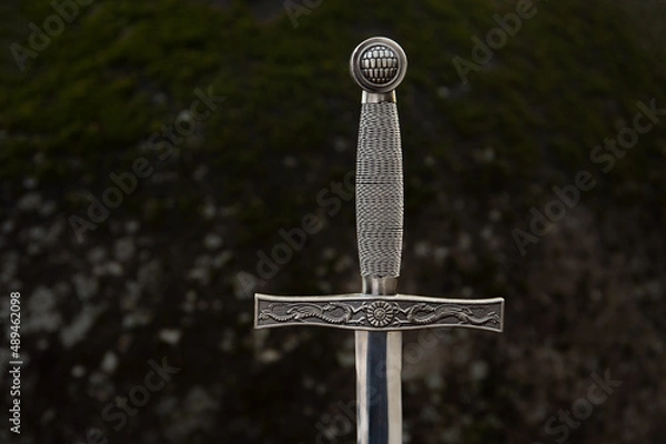 Fototapeta Medieval Sword with Mossy Rock Background