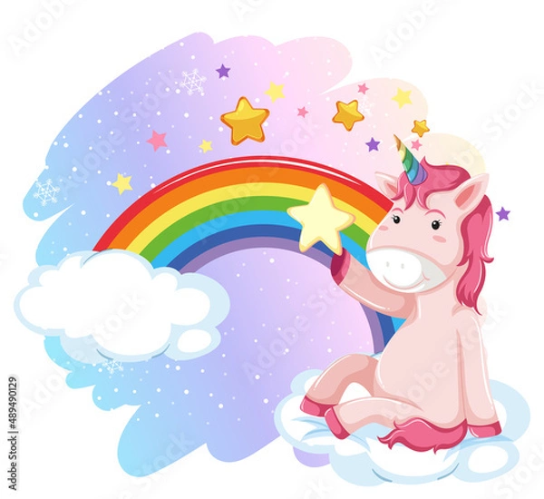 Fototapeta Pink unicorn sitting on a cloud with rainbow