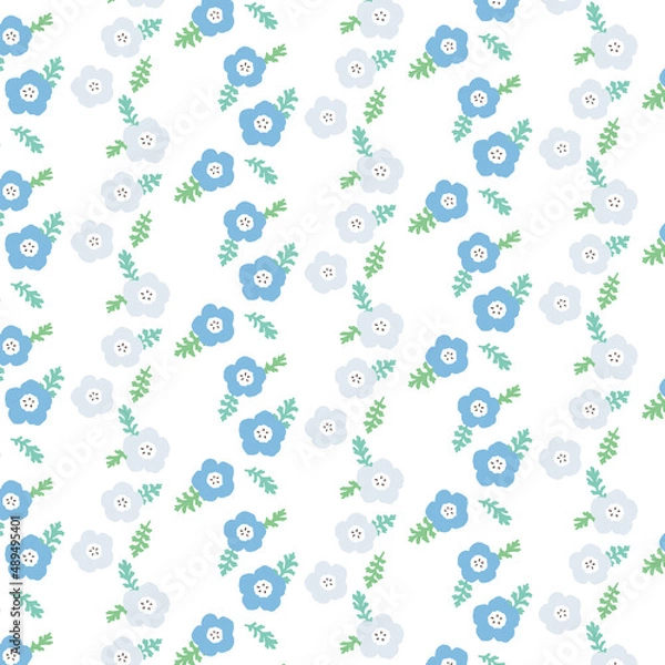Fototapeta 青と白のネモフィラのイラスト　シンプルでかわいいパターン背景装飾　春の花