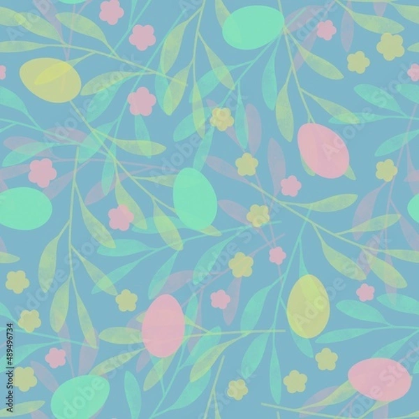 Fototapeta Easter seamless pattern of colorful eggs on light blue background with little flowers and multicolored twigs.
