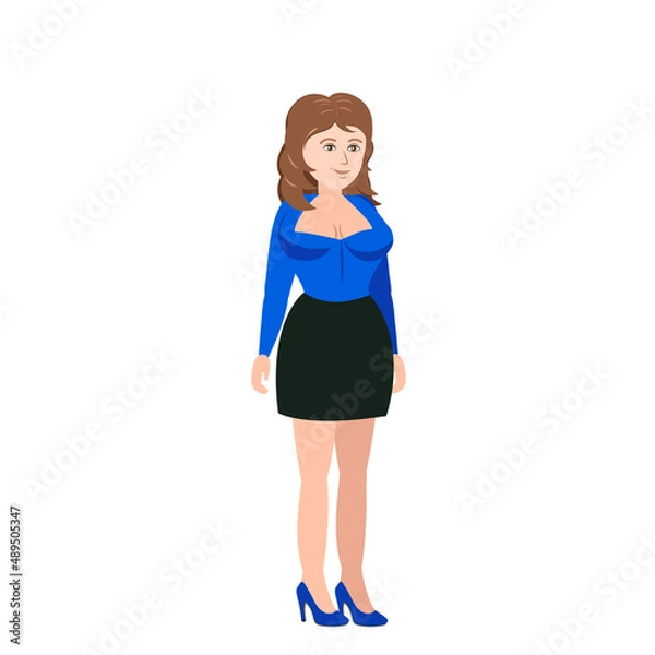 Obraz Cartoon girl with big breasts. Vector image of a woman in a bright blouse with a large neckline on the chest. A character for animation. All details on separate layers with names