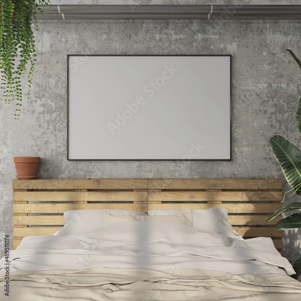 Obraz Mockup under the poster in the bedroom above the bed. 3d image, 3d rendering