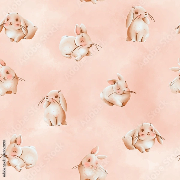 Fototapeta Watercolor bunnies on pink background, seamless pattern for Easter design