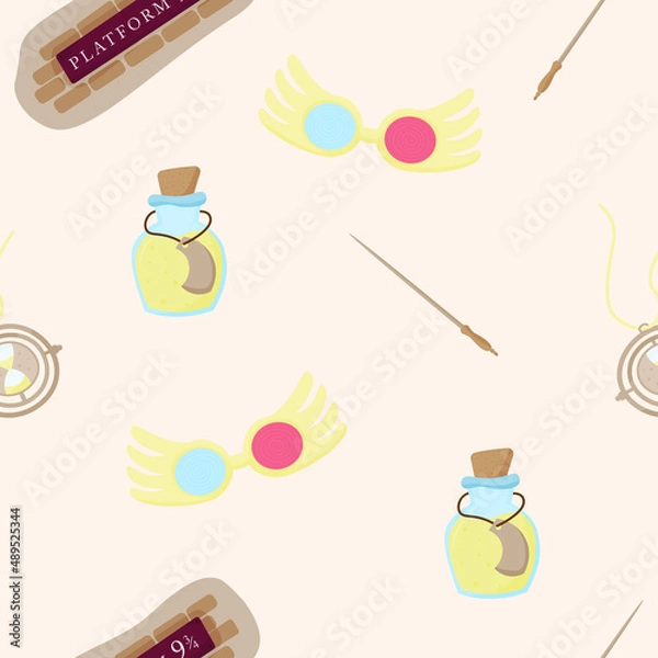 Obraz Seamless pattern with magic items based on the school of magic