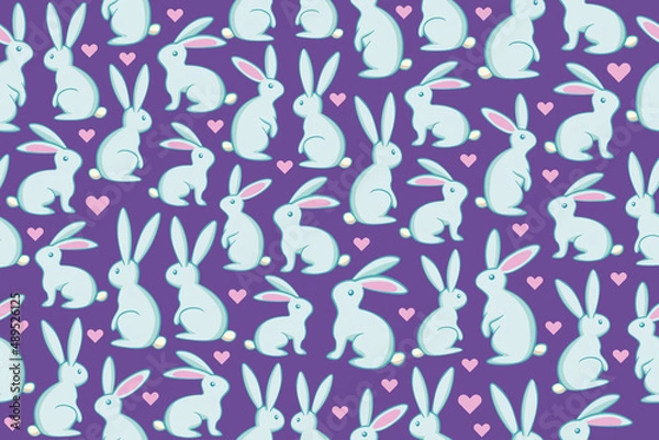Obraz Seamless Easter pattern. Cute white bunnies with hearts seamless repeating pattern. Cartoon illustrations of cute white rabbits on purple background with pink hearts. 