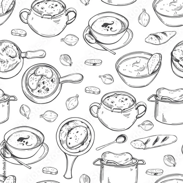 Fototapeta French onion soup set. Vector  pattern.
