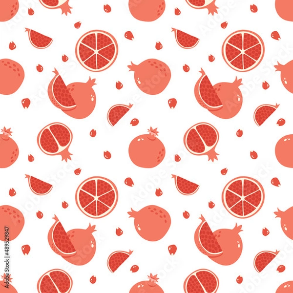 Fototapeta Garnet Seamless Pattern. Half, Slice and Whole Pomegranate Background. Hand Drawn fruit ornament for wallpaper, wrapping paper, fabric, menu, Juice package and interior design