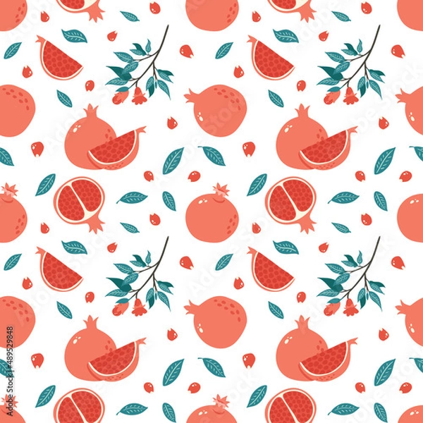 Fototapeta Pomegranate Seamless Pattern. Half, Slice and Whole Juicy Garnet, Leaves, seeds and branch. Hand Drawn fruit ornament for background, fabric, wrapping paper, menu, food package and interior design