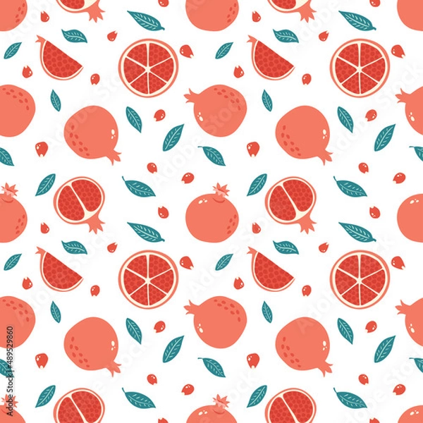 Fototapeta Seamless Pattern with Half, Slice and Whole Garnet, Leaves and Seeds. Pomegranate Hand Drawn Background. Fruit ornament for wallpaper, fabric, menu, wrapping paper, food package and interior design