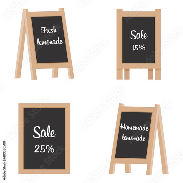 Obraz Black flat chalk board. Empty bulletin board, menus, inscriptions, a blackboard for teaching. Clean the chalkboard near a pub, cafe, outdoor restaurant or school. Board for the menu on the street.