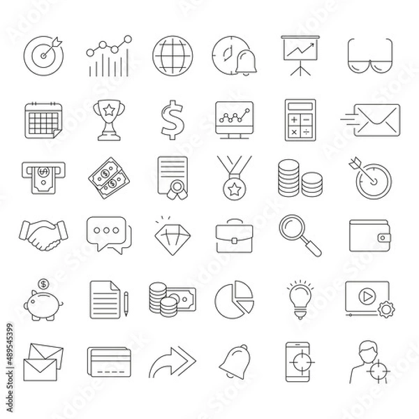 Fototapeta Set of marketing and finance vector line icons, signs and symbols in flat design with elements for mobile concepts and web apps. Collection of modern marketing and finance infographic and pictogram.