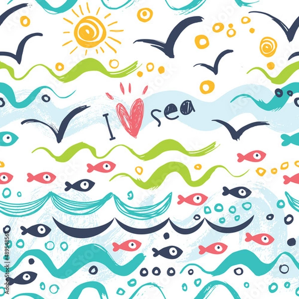 Fototapeta Seamless background in the concept of children's drawings. Seamless background with ships, fish, sun, clouds, sea and waves.