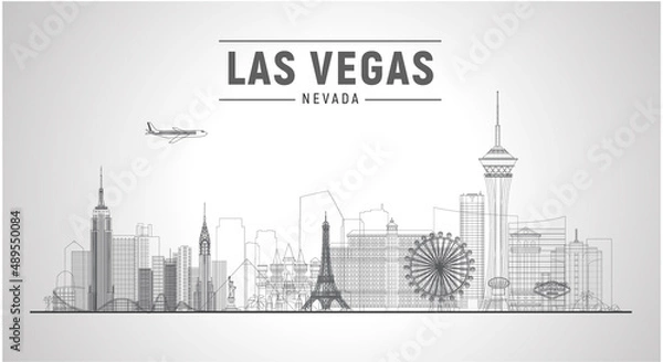 Fototapeta Las Vegas skyline with panorama in white background. Vector line Illustration. Business travel and tourism concept with modern buildings. Image for banner or website.