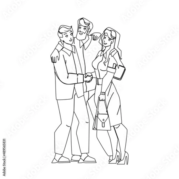 Fototapeta Partners Man And Girl Embracing Together Black Line Pencil Drawing Vector. Businessman And Businesswoman Partners Hugging After Deal Or Successful Achievement. Characters Employees Team Work