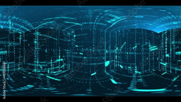 Fototapeta Panoramic view of data matrix code in 3d render volumetric futuristic design. Cyber columns with incoming information on servers with swirl of information processing and web lines of numbers.