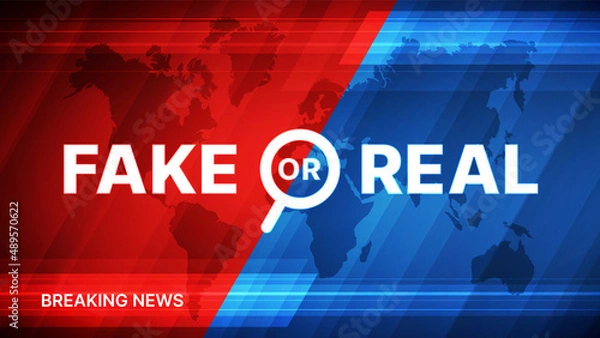 Fototapeta Fake or real. Vector illustration of red and blue breaking news abstract background with glowing lines and world map for your design