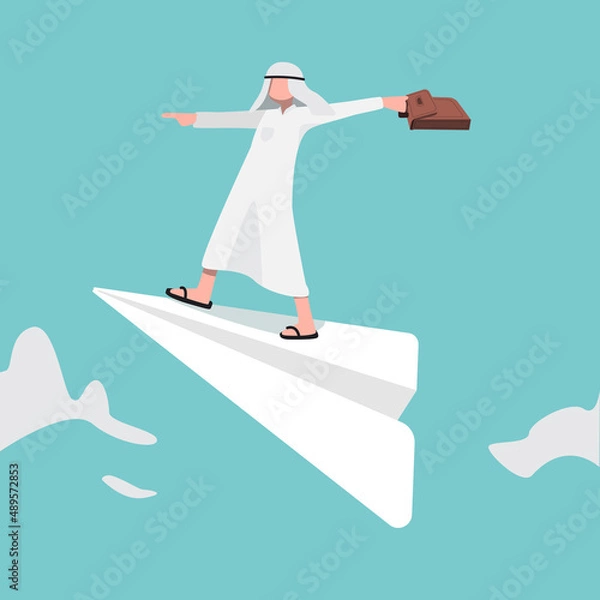 Fototapeta Business concept design Arabic businessman holding briefcase, flying on paper airplane with hand pointing in future. Looking for success, opportunities, future vision. Vector illustration flat cartoon