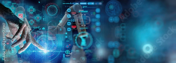 Fototapeta Engineer hand working dashboard AI Robot arm analyzing mathematics for automated manufacturing process.Concept of robotics technology and machine learning or mechanized industry problem solving.