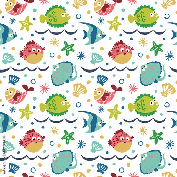 Fototapeta Seamless pattern with cartoon fish.