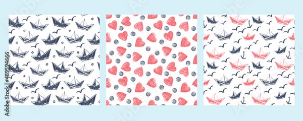 Fototapeta Three seamless patterns with hearts and ships.