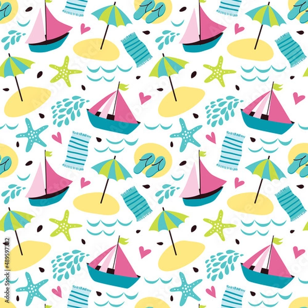 Fototapeta Seamless summer background with yachts, umbrellas, flip flops, towel, starfish and sun.