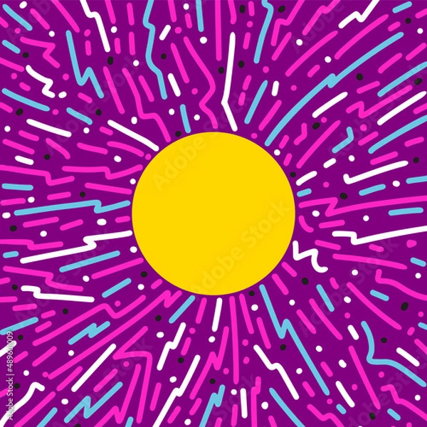 Fototapeta Cartoon doodle frame with geometric shapes lines, bolts and dots. Pop art colorful simple sunburst design with space for text. Vector illustration for social media stories.