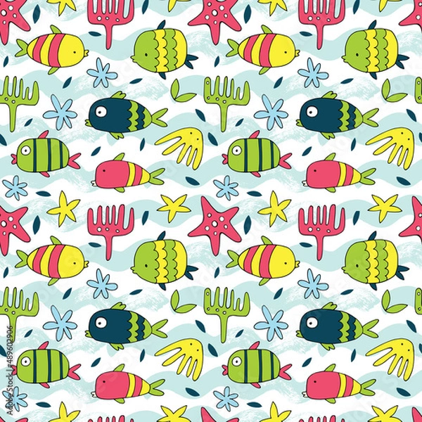 Fototapeta Seamless pattern with cute cartoon fish and ships.