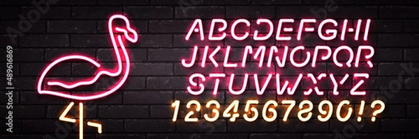 Fototapeta Vector realistic isolated neon sign of Flamingo with easy to change color font alphabet logo for decoration and covering on the wall background.