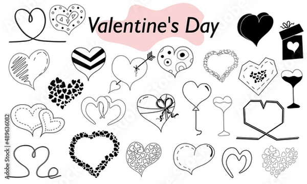 Obraz A set of hearts in a linear design. A symbol of love and a Valentine Day holiday. Vector illustration.