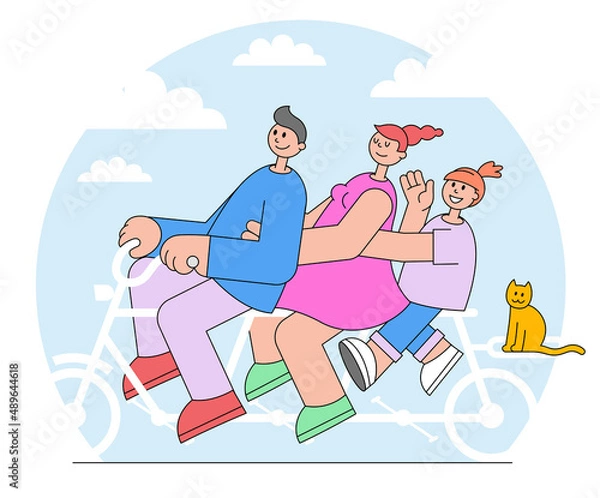Fototapeta Parent and child rides on tandem bicycle