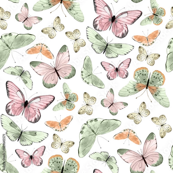 Obraz Seamless pattern with watercolor illustrated butterflies