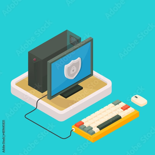 Obraz PC computer and keyboard in sandbox technology isometric 3D vector illustration