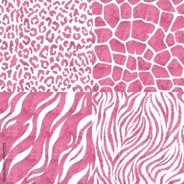 Fototapeta Set of seamless patterns with animal prints. Metallic pink vector illustration