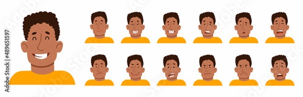 Fototapeta A set of different emotions of an African-American man. A handsome man with different facial expressions. Vector illustration in cartoon style