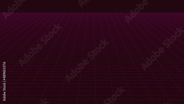 Fototapeta Perspective pink grid on a dark background. Futuristic vector illustration. Background in the style of the 80s.