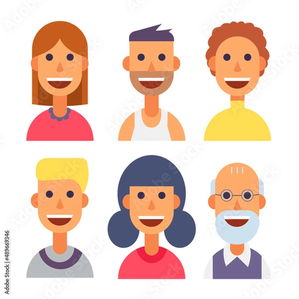 Fototapeta Set of vector avatars in flat style joyful men and women with clothes and hairstyle.