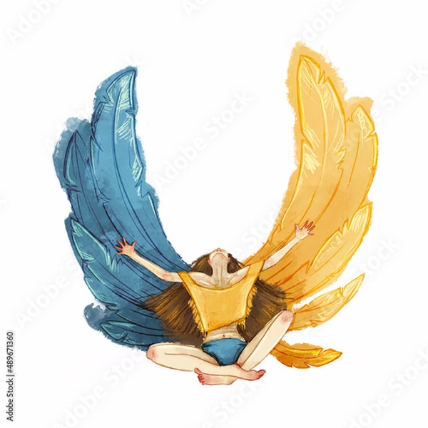 Obraz A woman in the image of the country of Ukraine, with flag wings. isolated on white background