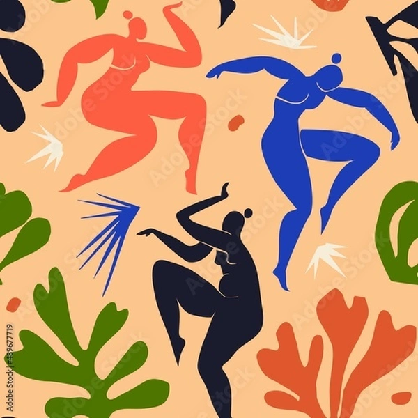 Obraz Seamless pattern with dancing abstract women inspired by Matisse. Women's dance among abstract plants and stars. Bright colored background vector illustration.