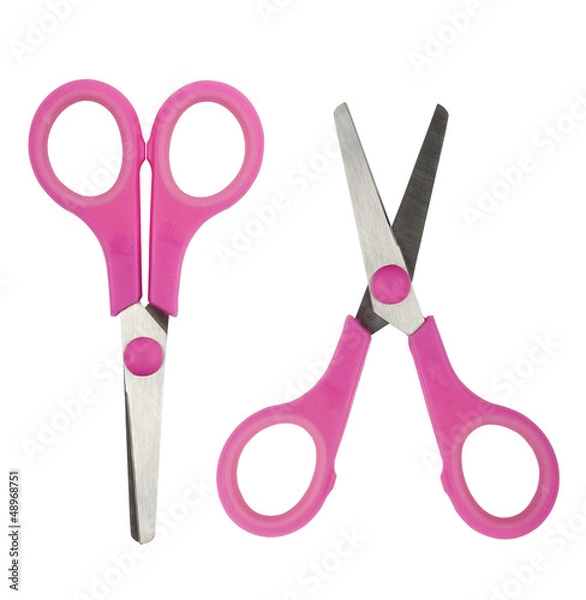 Fototapeta Pink scissors, open and closed on white. Clipping path included.