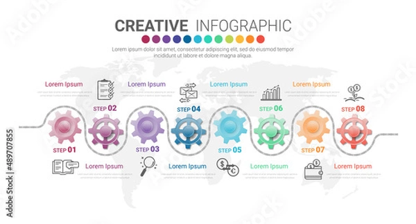 Fototapeta Engineering tech progress business presentation 8 steps. Cogwheel connection banner.