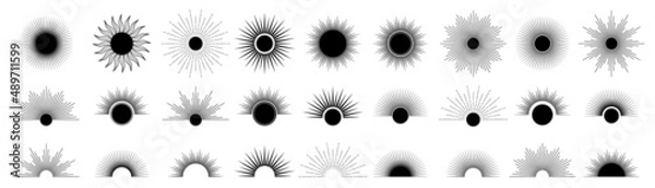 Fototapeta Hand drawn set of Sun, sunburst, light rays in line art. Bohemian symbol bursting sun rays. Magic talisman, antique style, boho, tattoo, logo. Vector illustration isolated on white background.