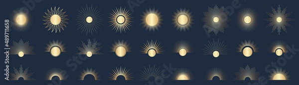Fototapeta Hand drawn set of golden Sun, sunburst, light rays in line art. Bohemian symbol bursting sun rays. Magic talisman, antique style, boho, tattoo, logo. Vector illustration.