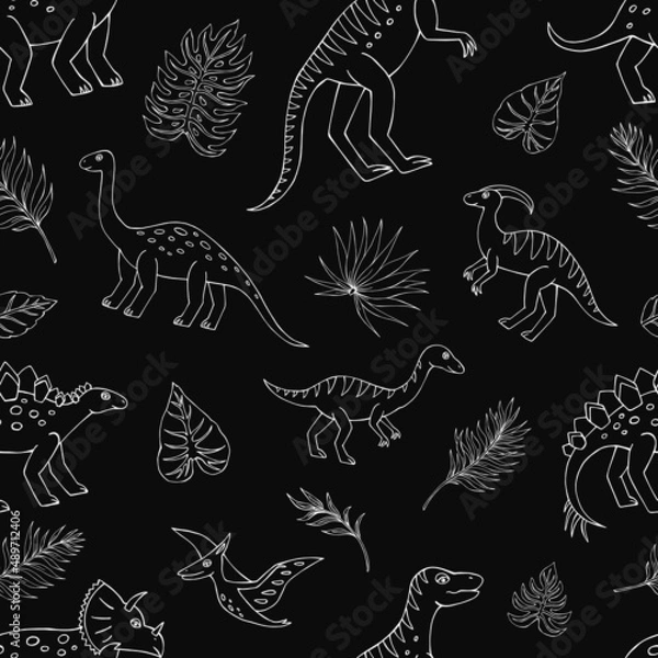Fototapeta Seamless vector pattern with sketch of dinosaurs and tropical plant. Decoration print for wrapping, wallpaper, fabric. Seamless vector texture.